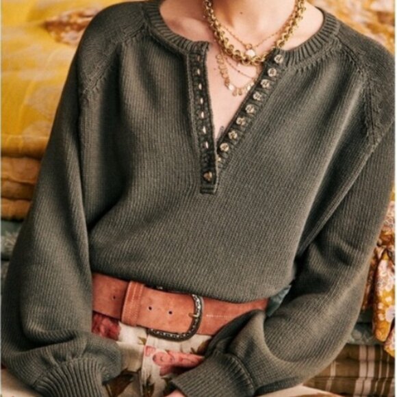 Sezane Sweaters - Sézane Leontine Jumper Sweater in Khaki Green 100% Cotton Sz M (fits like S)